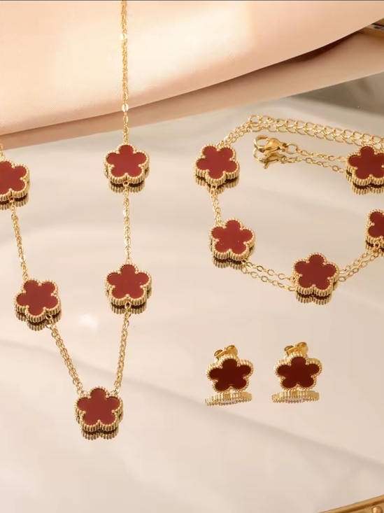 Anthropologie Jewelry - Gold-Tone Necklace Bracelet & Stud Set with Red Clover Motifs